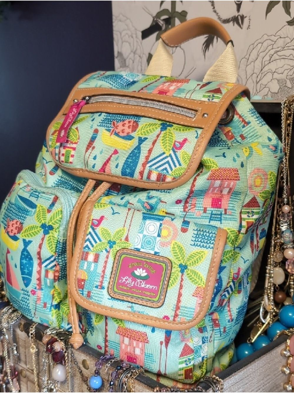 Aqua Coastal Print Canvas Backpack with Tan Trim By Lilly Bloom